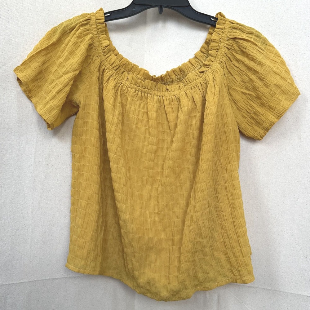 Boho Cottage Peasant Mustard Yellow Crinkle Texture Off The Shoulder Top‎ Size L